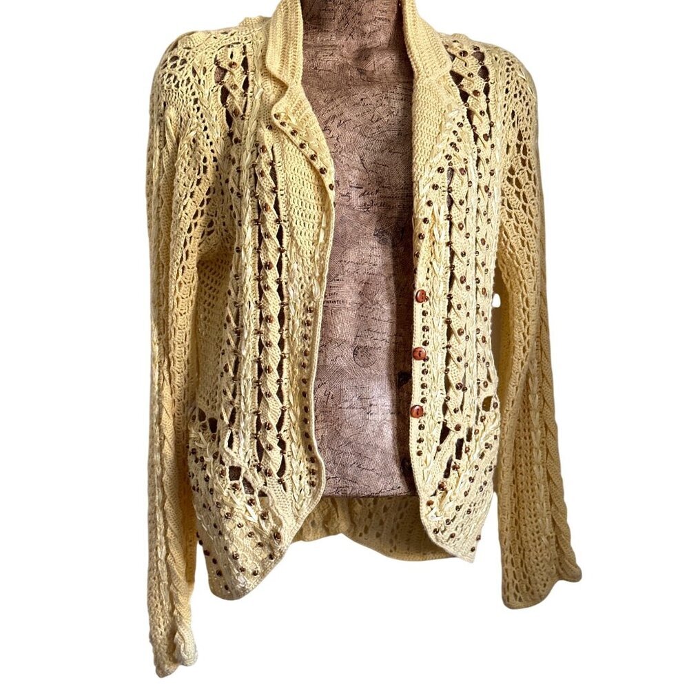 Vtg Marisa Christina Yellow Crochet Cardigan Sweater Grannycore